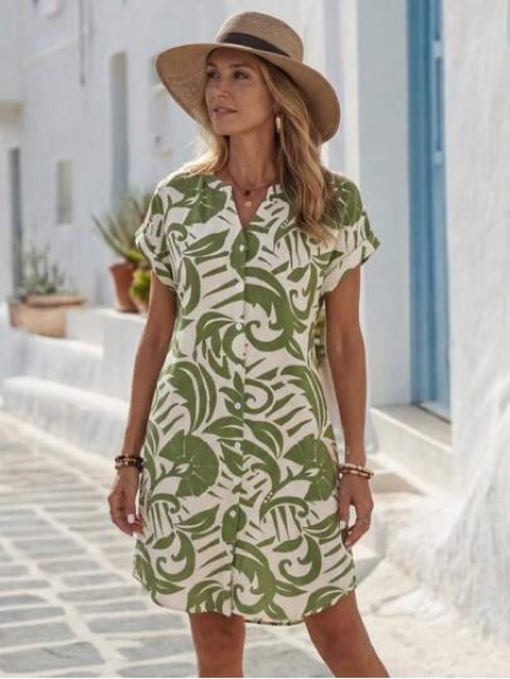 Emery Rose Shein Green and White Tropical Button-Front Shirt Dress Size S